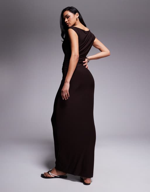 Fashionkilla double sculpted slinky sleeveless asymmetric neck ruched bodycon maxi dress in black