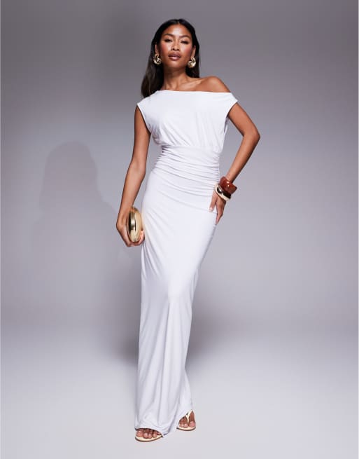 Fashionkilla double sculpted slinky sleeveless asymmetric neck ruched bodycon maxi dress in white
