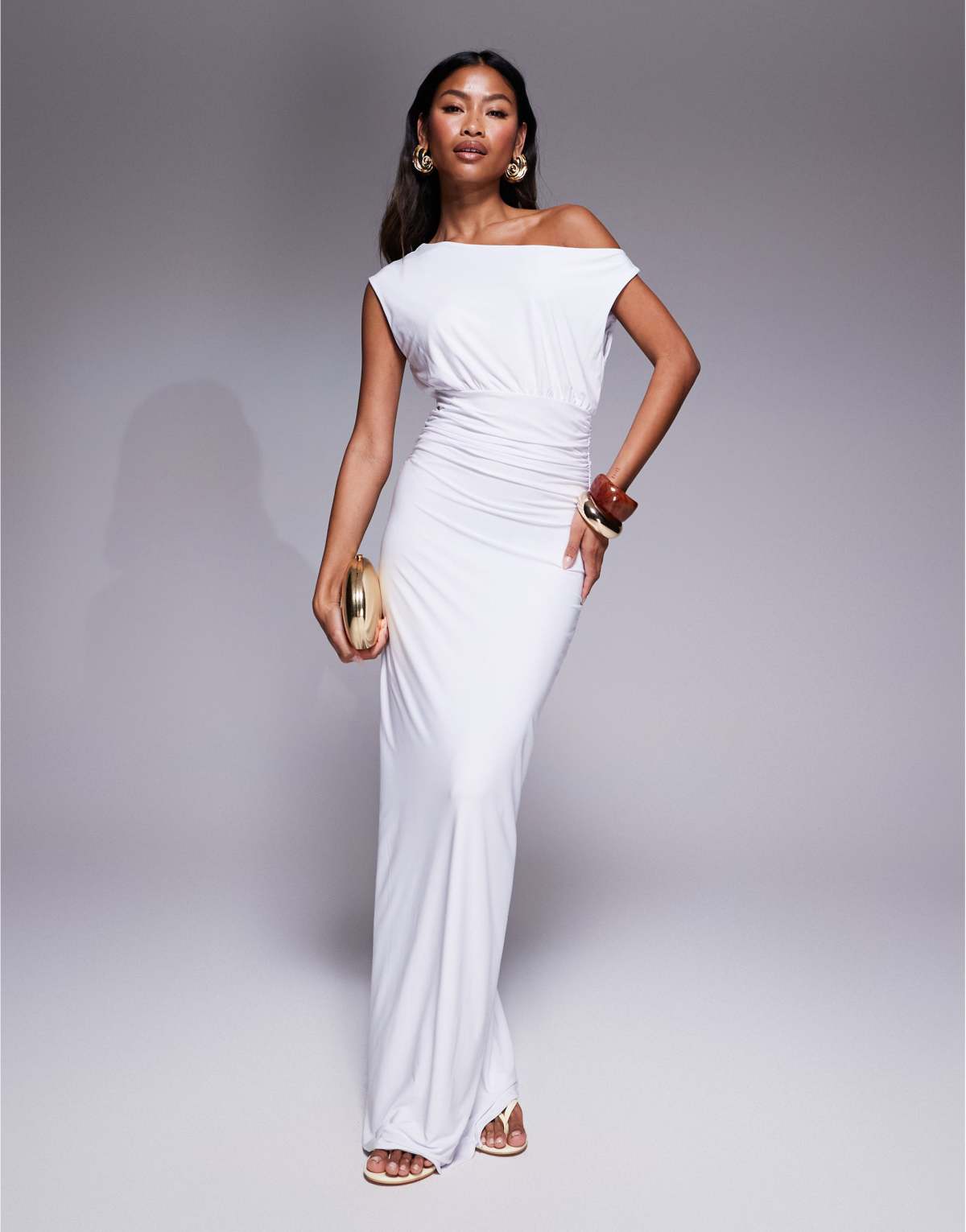 Fashionkilla double sculpted slinky sleeveless asymmetric neck ruched bodycon maxi dress in white