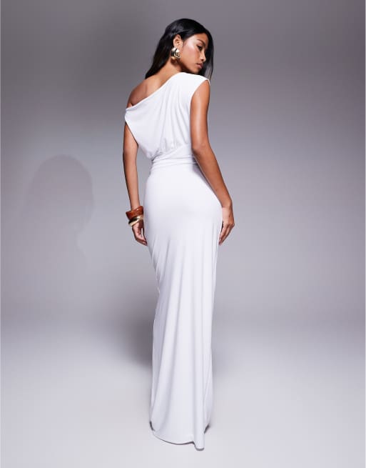Fashionkilla double sculpted slinky sleeveless asymmetric neck ruched bodycon maxi dress in white