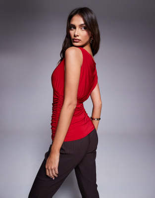 Fashionkilla Double Sculpted Slinky Sleeveless Asymmetric Ruched Top In Red