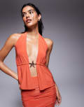 [Fashionkilla] Fashionkilla double sculpted slinky starfish metal trim halterneck peplum top in orange (part of a set) 6 ORANGE