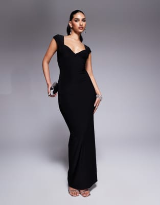 double sculpted slinky sweetheart neckline open back bodycon maxi dress in black