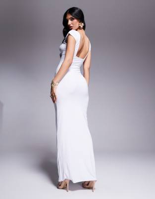 Fashionkilla Double Sculpted Slinky Sweetheart Neckline Open Back Bodycon Maxi Dress In White