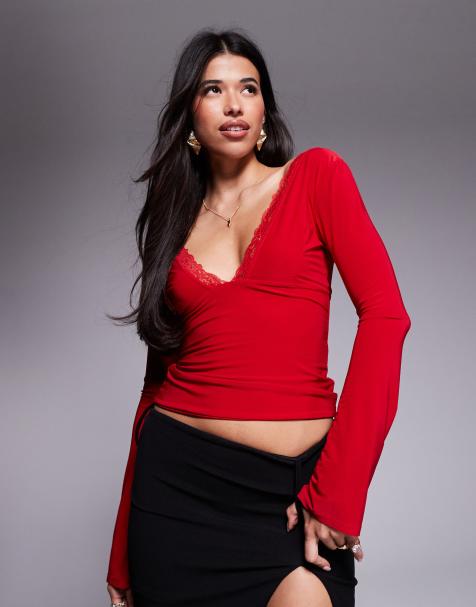 Fashionkilla double sculpted slinky v-neck lace detail top in red - view 1