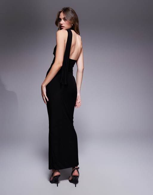 Fashionkilla double sculpted slinky wrap around scarf detail maxi dress in  black | ASOS