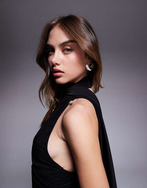 Fashionkilla double sculpted slinky wrap around scarf detail maxi dress in black