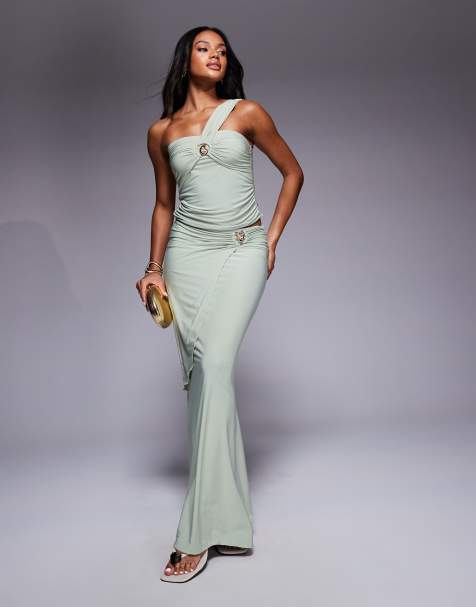 Fashionkilla double sculpted slinky wrap drape metal shell detail maxi skirt co-ord in sage