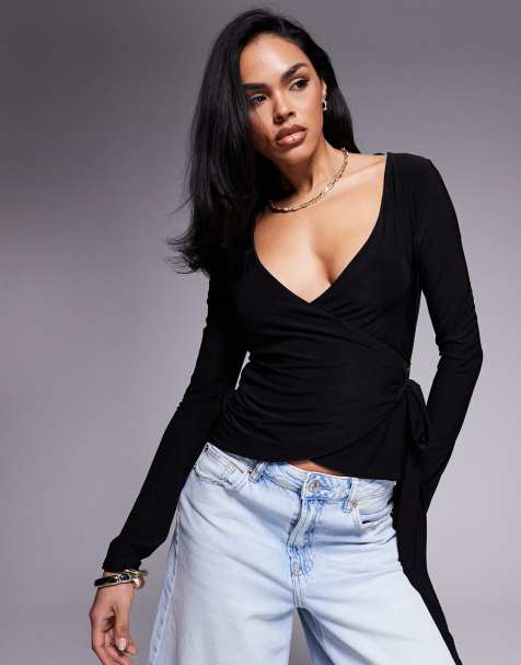 Fashionkilla double sculpted slinky wrap tie detail top in black - view 1