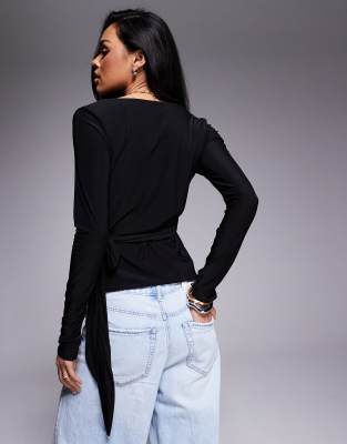 Fashionkilla Double Sculpted Slinky Wrap Tie Detail Top In Black