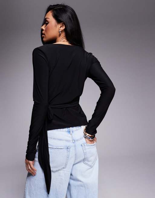 Fashionkilla double sculpted slinky wrap tie detail top in black