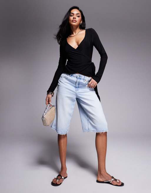Fashionkilla double sculpted slinky wrap tie detail top in black
