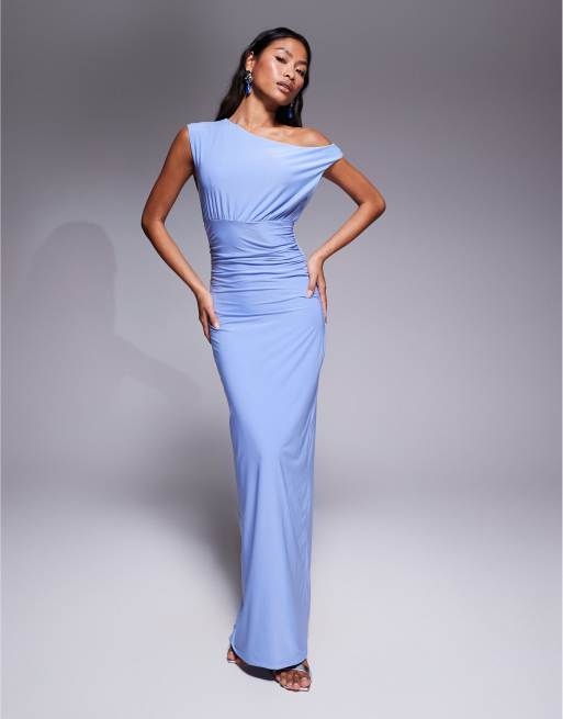 Fashionkilla - Dubbel gevormde mouwloze maxi bodycon jurk van gladde stof met asymmetrische hals en rimpeleffect in babyblauw