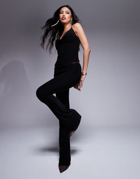 Fashionkilla double layered slinky twist v front flared trousers co-ord in black