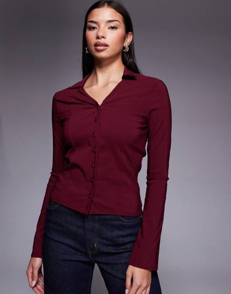 Fashionkilla exclusive bengaline flare sleeve fitted shirt in burgundy - view 1
