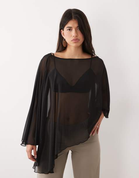 Fashionkilla - Exclusive - Cape top van chiffon met asymmetrische zoom in zwart - view 1