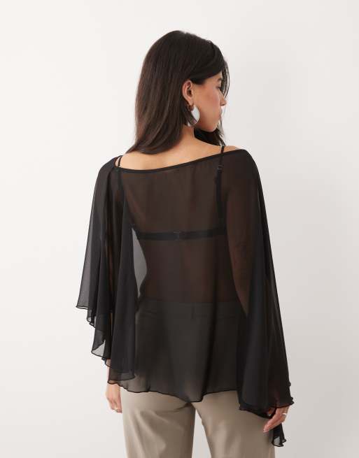 Fashionkilla exclusive chiffon asymmetric hem cape top in black, 4 of 4