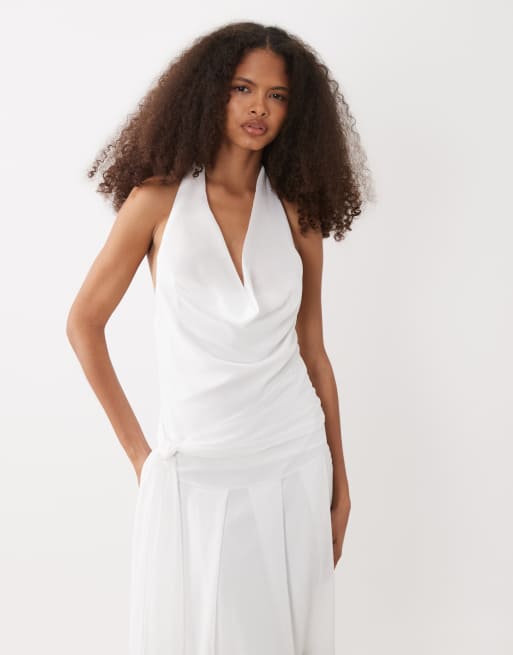 Fashionkilla exclusive chiffon halterneck cowl neck knot detail sheer hem maxi dress in white