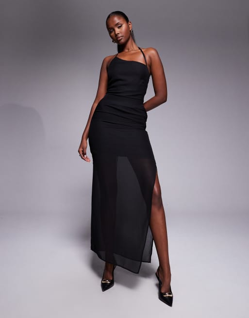 Fashionkilla exclusive chiffon halterneck lace up open back detail sheer hem maxi dress in black