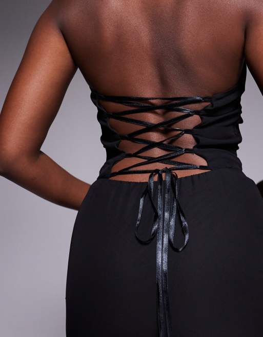 Fashionkilla exclusive chiffon halterneck lace up open back detail sheer  hem maxi dress in black | ASOS