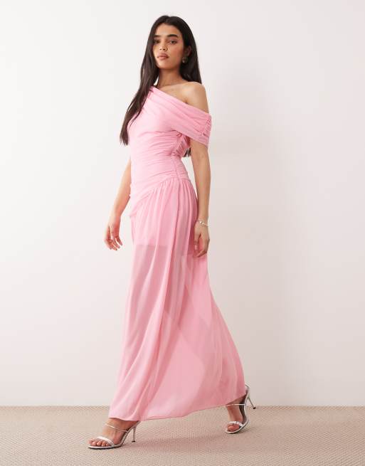 Fashionkilla exclusive chiffon off shoulder asymmetric gathered sheer hem maxi dress in pink