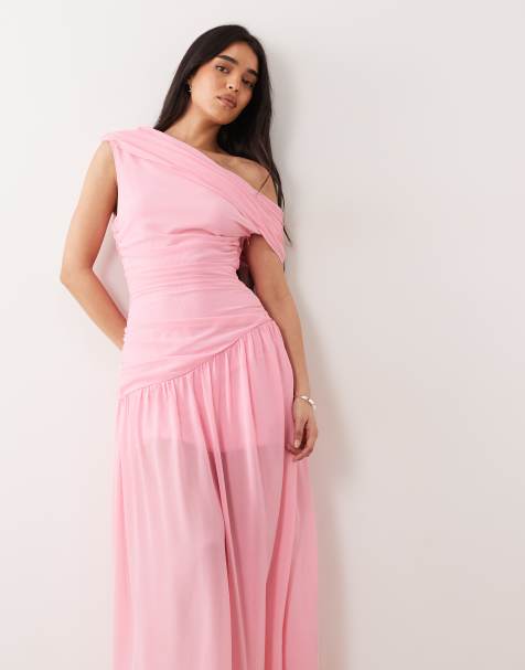 Fashionkilla exclusive chiffon off shoulder asymmetric hem gathered sheer hem maxi dress in pink - view 1