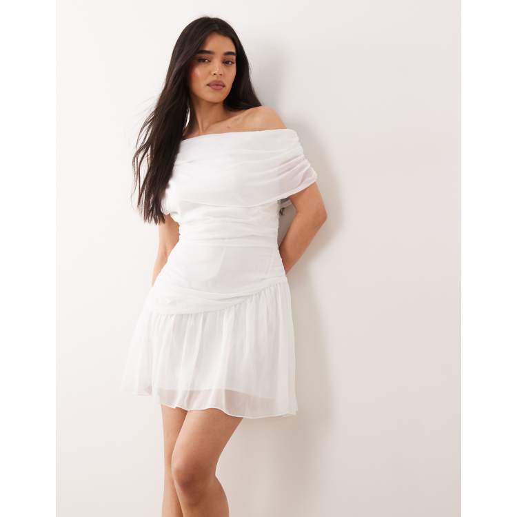 Fashionkilla exclusive chiffon off the shoulder asymmetric hem gathered mini  dress in white | ASOS