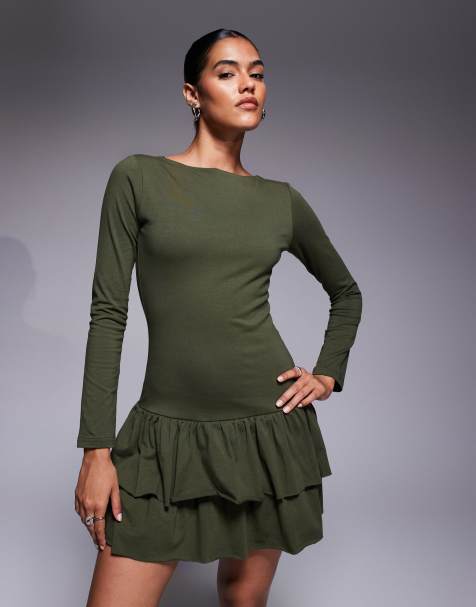 Fashionkilla exclusive cotton long sleeve drop waist ruffle hem mini dress in khaki - view 1