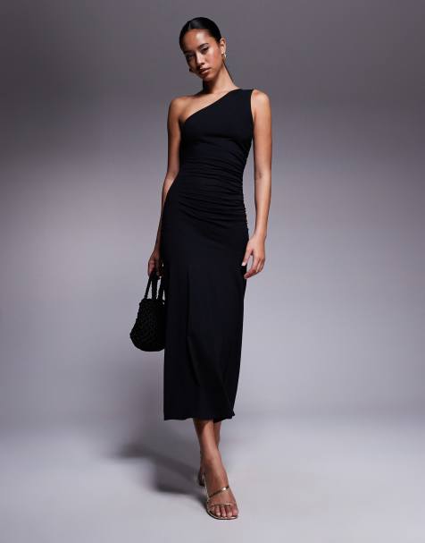 Fashionkilla exclusive cotton one shoulder ruched side maxi dress in black - view 1