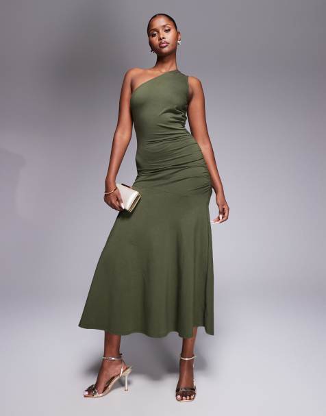 Fashionkilla exclusive cotton one shoulder ruched side maxi dress in khaki - view 1