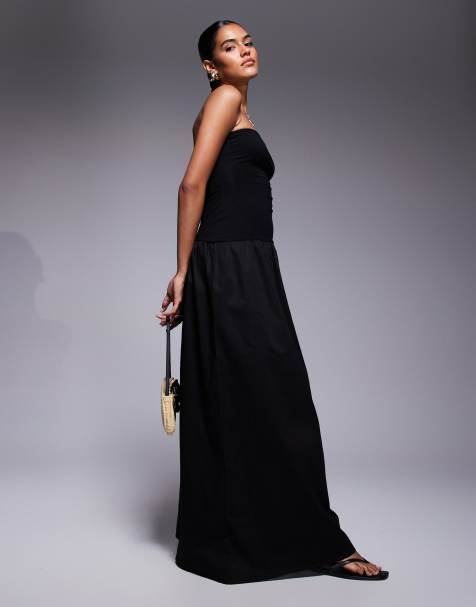 Fashionkilla exclusive cotton & poplin mix drop waist bandeau maxi dress in black - view 1