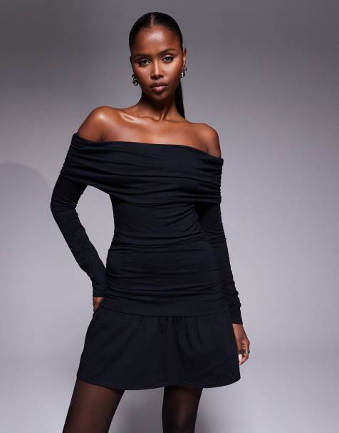 Fashionkilla exclusive cotton rich bardot ruched drop waist ruffle hem mini dress in black - view 1