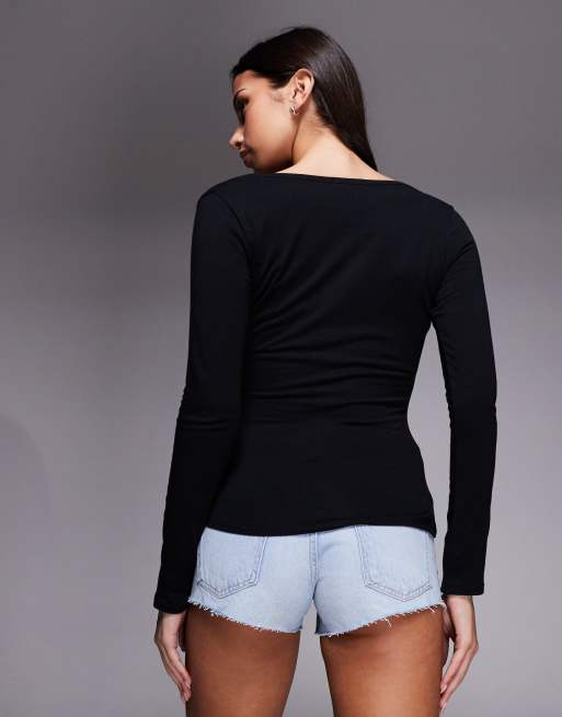 Fashionkilla exclusive cotton rich bra insert button through long sleeve top in black, 3 of 4