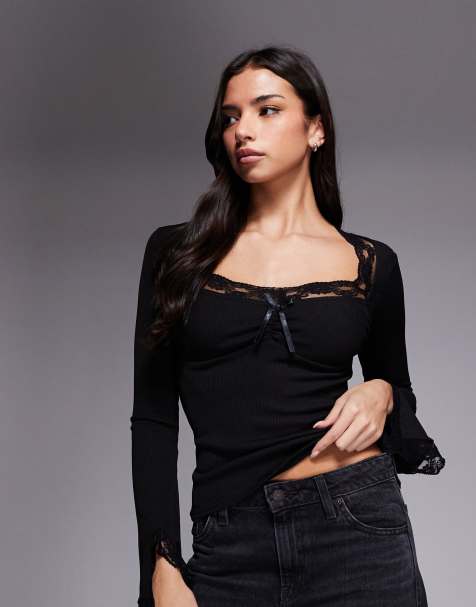 Fashionkilla exclusive cotton rich lace trim ruched front flare sleeve top in black