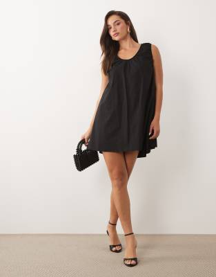 Fashionkilla Exclusive Cotton Rich Poplin Scoop Ruched Neck Detail Trapeze Mini Dress In Black