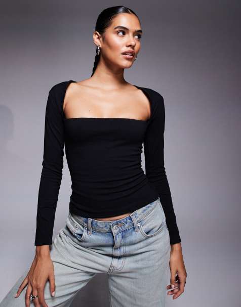 Fashionkilla exclusive cotton wide square neck long sleeve top in black - view 1