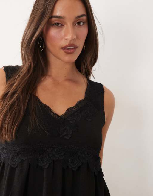 Fashionkilla exclusive crepe lace trim cami babydoll mini dress in black |  ASOS
