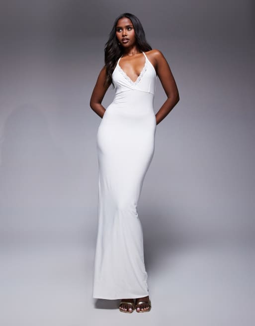 Fashionkilla exclusive double layered lace trim wrap halterneck maxi dress in white