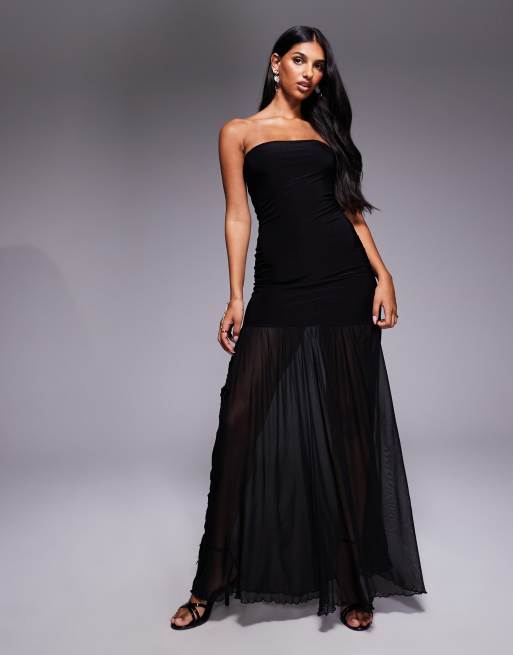Fashionkilla exclusive double sculpted slinky bandeau flower applique sheer hem maxi dress in black