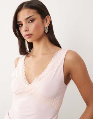 Fashionkilla exclusive double sculpted slinky lace trim v neck tank top in baby 