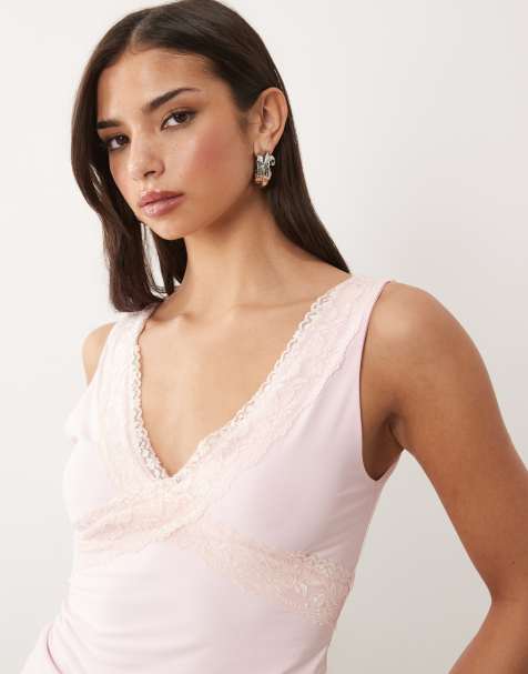 Fashionkilla exclusive double sculpted slinky lace trim v neck tank top in baby pink - view 1