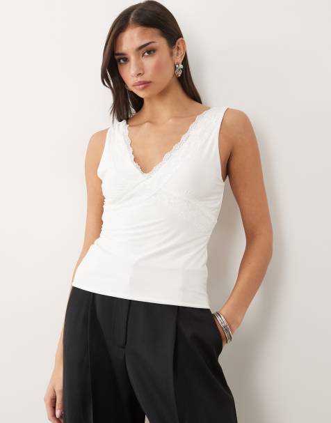 Fashionkilla exclusive double sculpted slinky lace trim v neck tank top in white - view 1