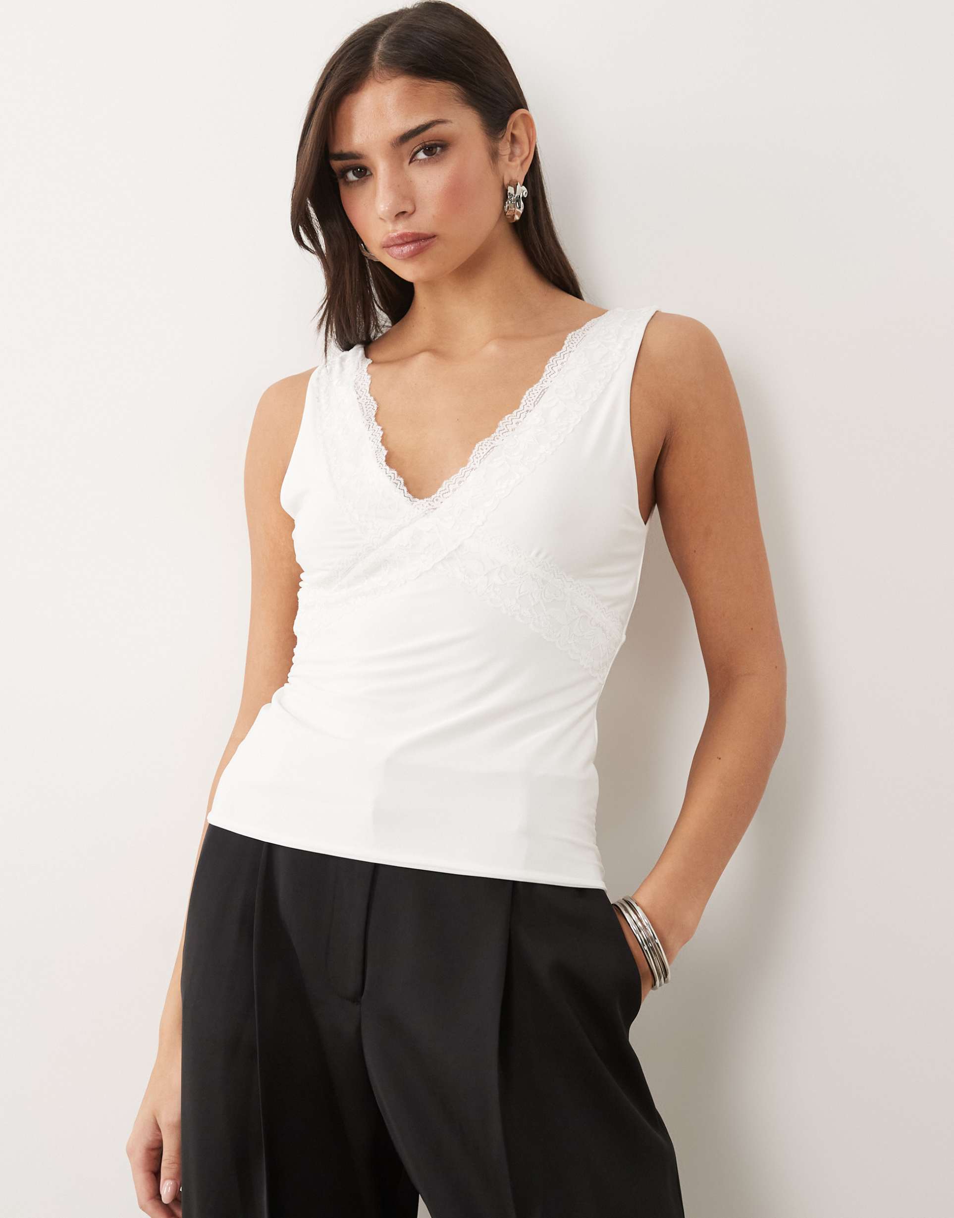 fashionkilla exclusive double sculpted slinky lace trim v neck tank top in white