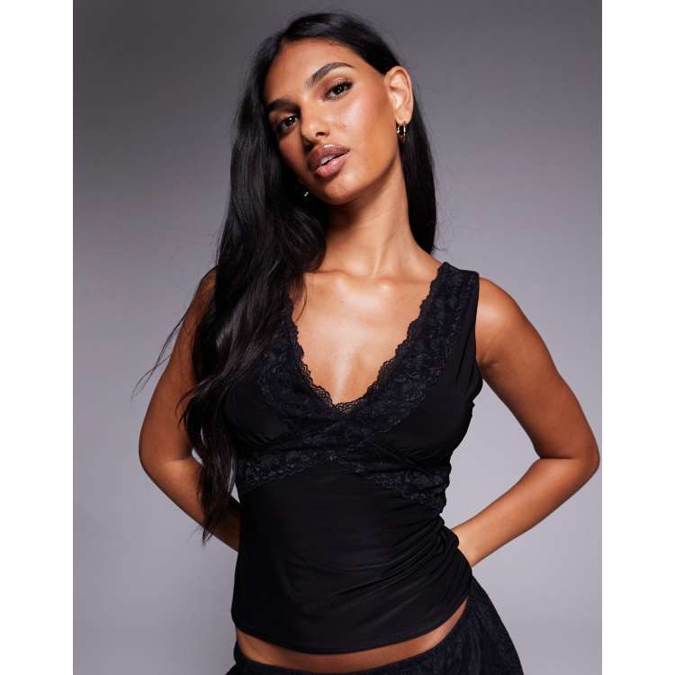 Fashionkilla exclusive double sculpted slinky lace trim v neck