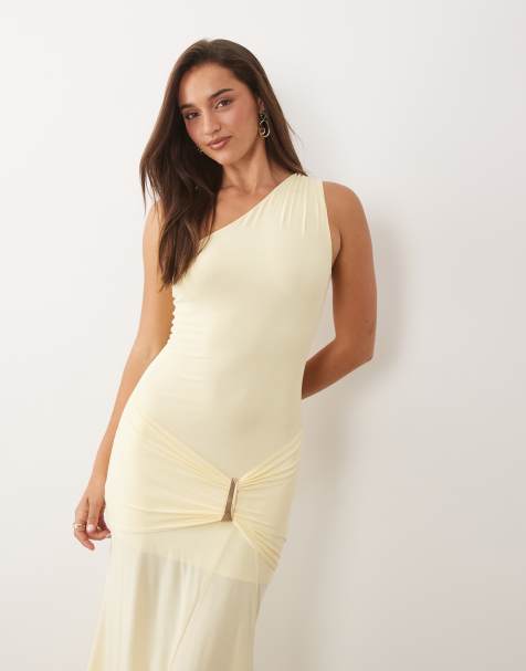 Fashionkilla exclusive double sculpted slinky one shoulder metal drape detail maxi dress in lemon - view 1
