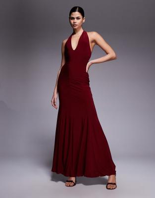 Fashionkilla Exclusive Double Sculpted Slinky Plunge Halterneck Godet Hem Maxi Dress In Red