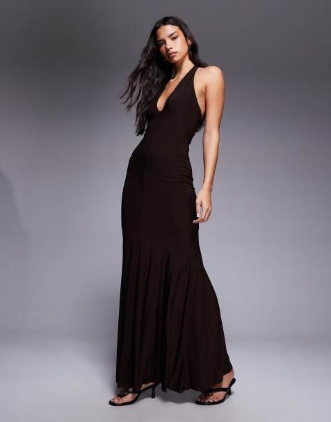 Fashionkilla exclusive double sculpted slinky plunge halterneck godet hem maxi dress in chocolate - view 1