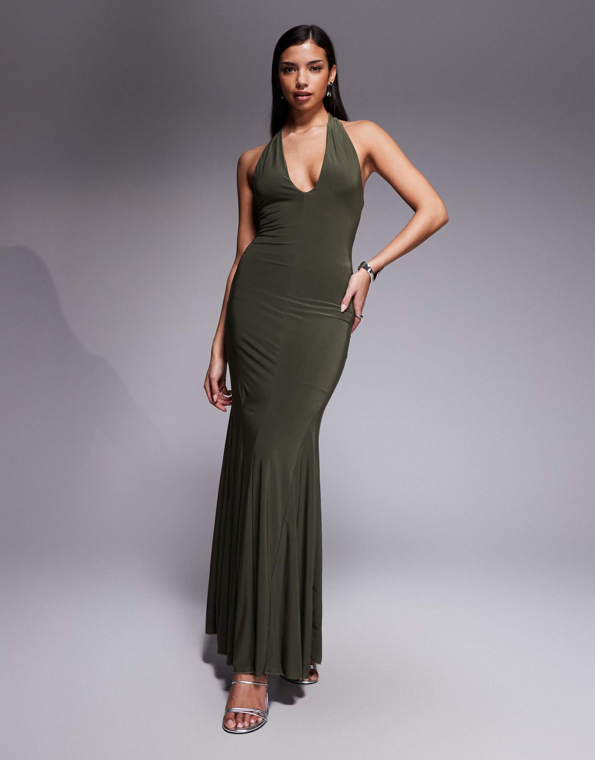 fashionkilla exclusive double sculpted slinky plunge halterneck godet hem maxi dress in khaki green