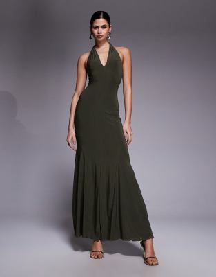 Fashionkilla Exclusive Double Sculpted Slinky Plunge Halterneck Godet Hem Maxi Dress In Green