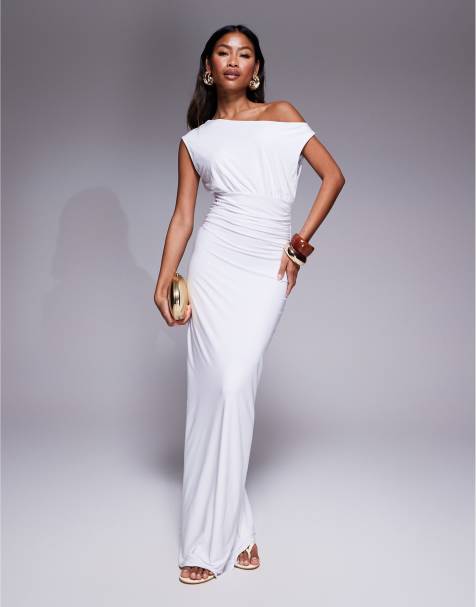 Fashionkilla exclusive double sculpted slinky sleeveless asymmetric neck ruched bodycon maxi dress in white - view 1